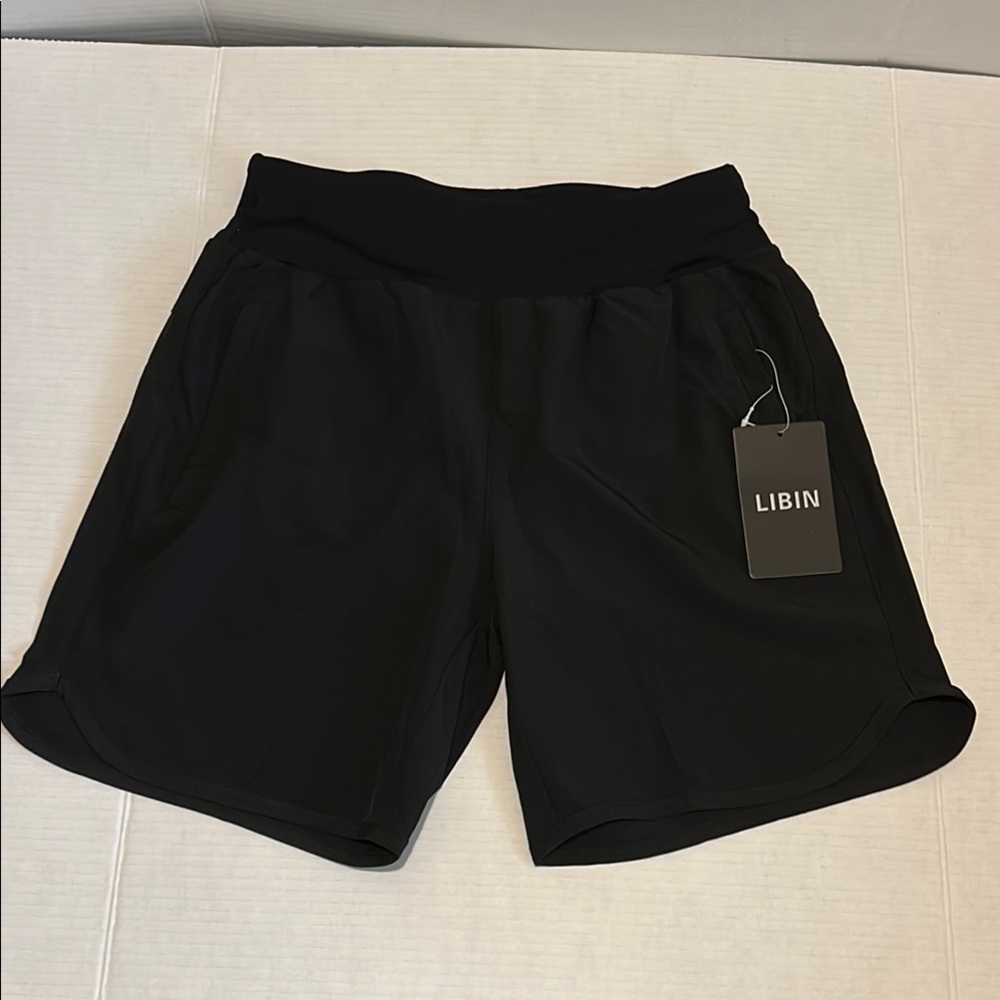 Libian Sz Medium Black Athletic Shorts Elastic Waistband, liner, back zip pocket
